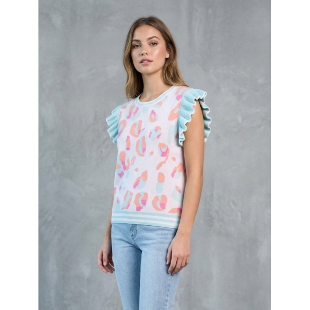BIBI Pastel Leopard Print Ruffle Cap Sleeve Knit Top XL